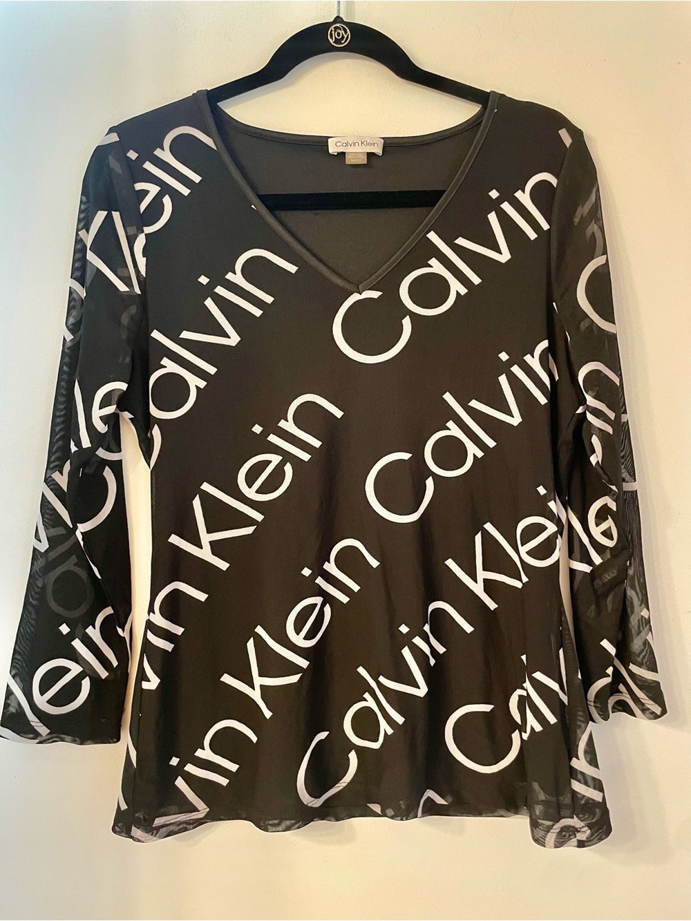 Calvin Klein Black V-Neck Long Sleeve Logo Print Top